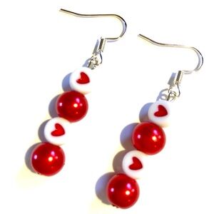 Handmade Red & White Heart Earrings Women Anniversary Valentine’s Day Gift